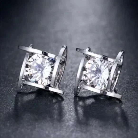 STERLING SILVER 3D CAGE DIAMOND EARRINGS, BEAUTIFUL EARRINGS, CUTE EARRINGS. - Picture 4 of 6